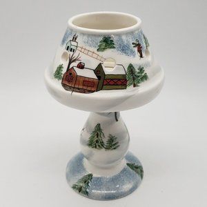 Elements Small Ceramic Spongeware Winter Skiing Trees Scene Tealight Candle Lamp
